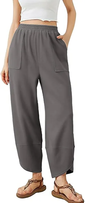 PTOLOCIF Cotton Linen Pants Women Summer Drawstring Elastic Waist Pants Wide Leg Cropped Lounge Trousers with Pockets