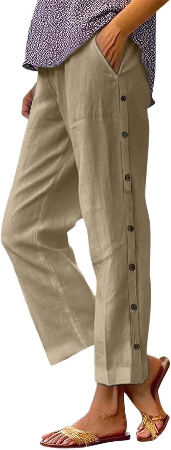 PTOLOCIF Cotton Linen Pants Women Summer Drawstring Wide Leg Pants Loose Casual Cotton Linen Palazzo Pant with Pockets