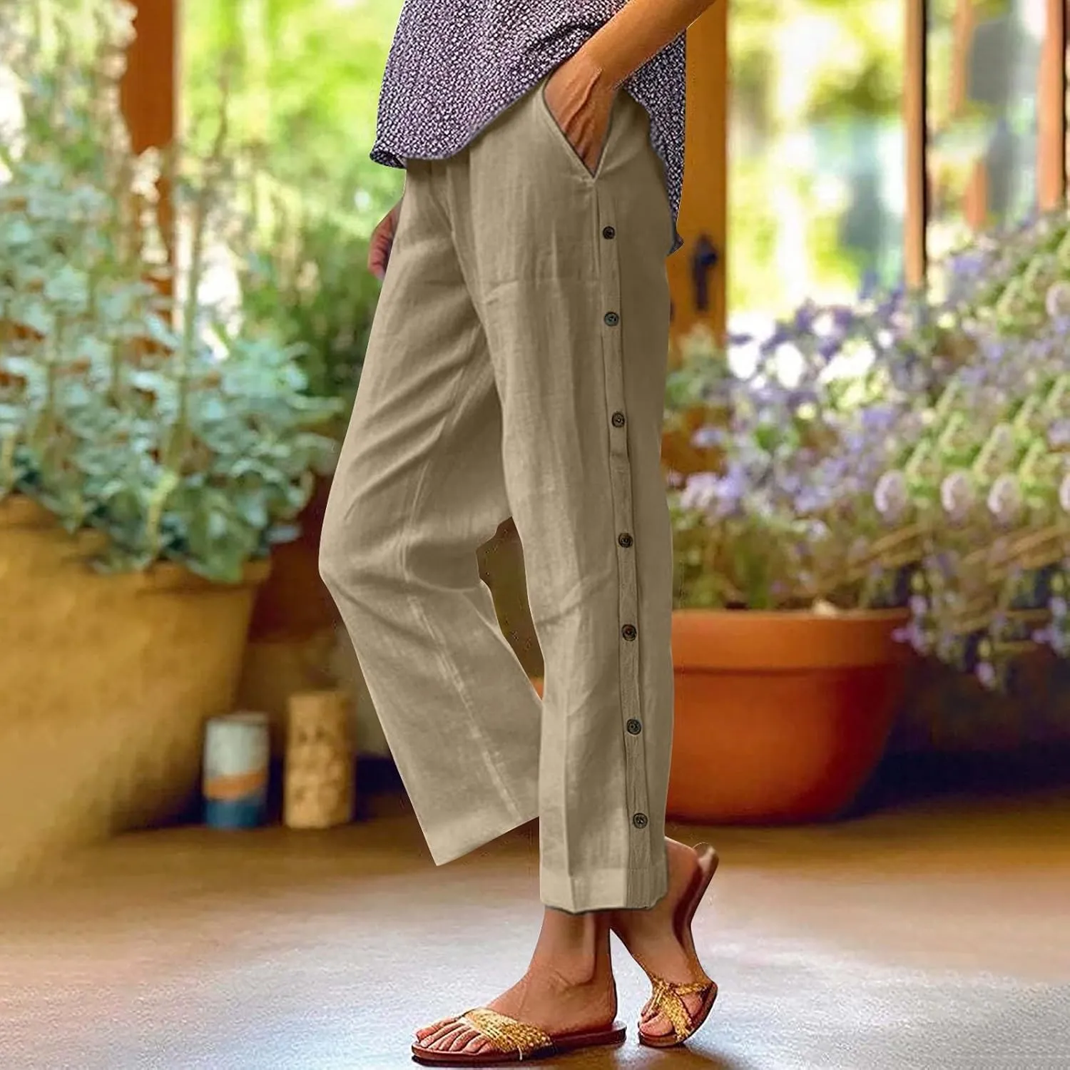 PTOLOCIF Cotton Linen Pants Women Summer Drawstring Wide Leg Pants Loose Casual Cotton Linen Palazzo Pant with Pockets
