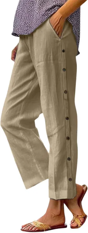 PTOLOCIF Cotton Linen Pants Women Summer Drawstring Wide Leg Pants Loose Casual Cotton Linen Palazzo Pant with Pockets