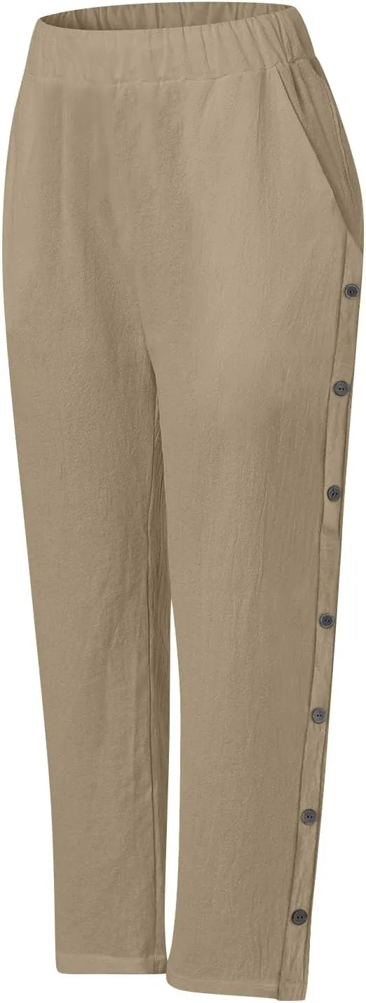 PTOLOCIF Cotton Linen Pants Women Summer Drawstring Wide Leg Pants Loose Casual Cotton Linen Palazzo Pant with Pockets