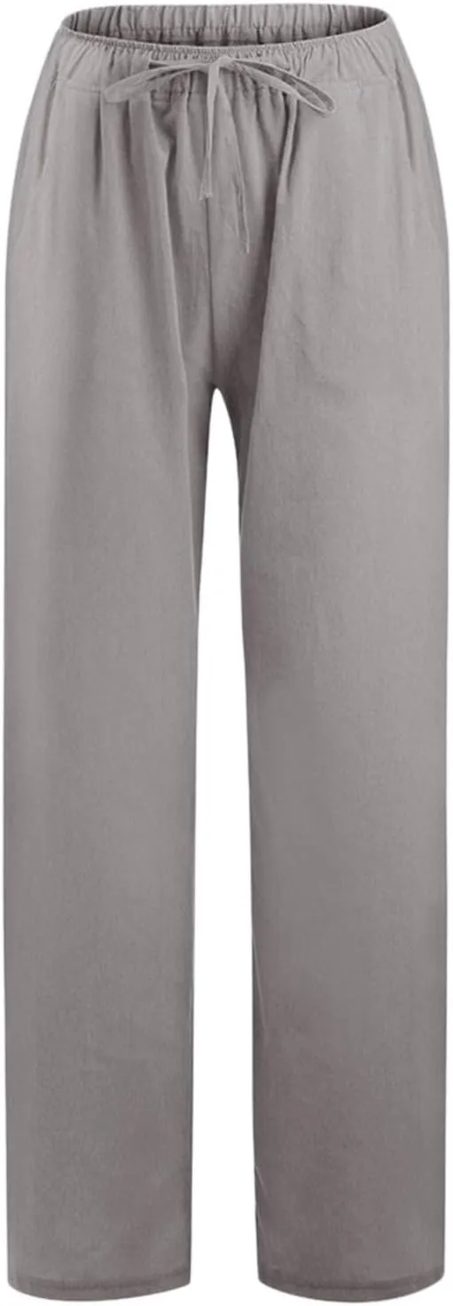 PTOLOCIF Cotton Linen Pants Women Summer Wide Leg Casual Loose Pant Drawstring High Waist Palazzo Pant Trousers with Pockets
