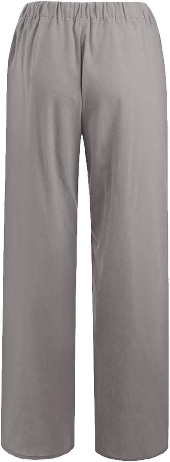 PTOLOCIF Cotton Linen Pants Women Summer Wide Leg Casual Loose Pant Drawstring High Waist Palazzo Pant Trousers with Pockets