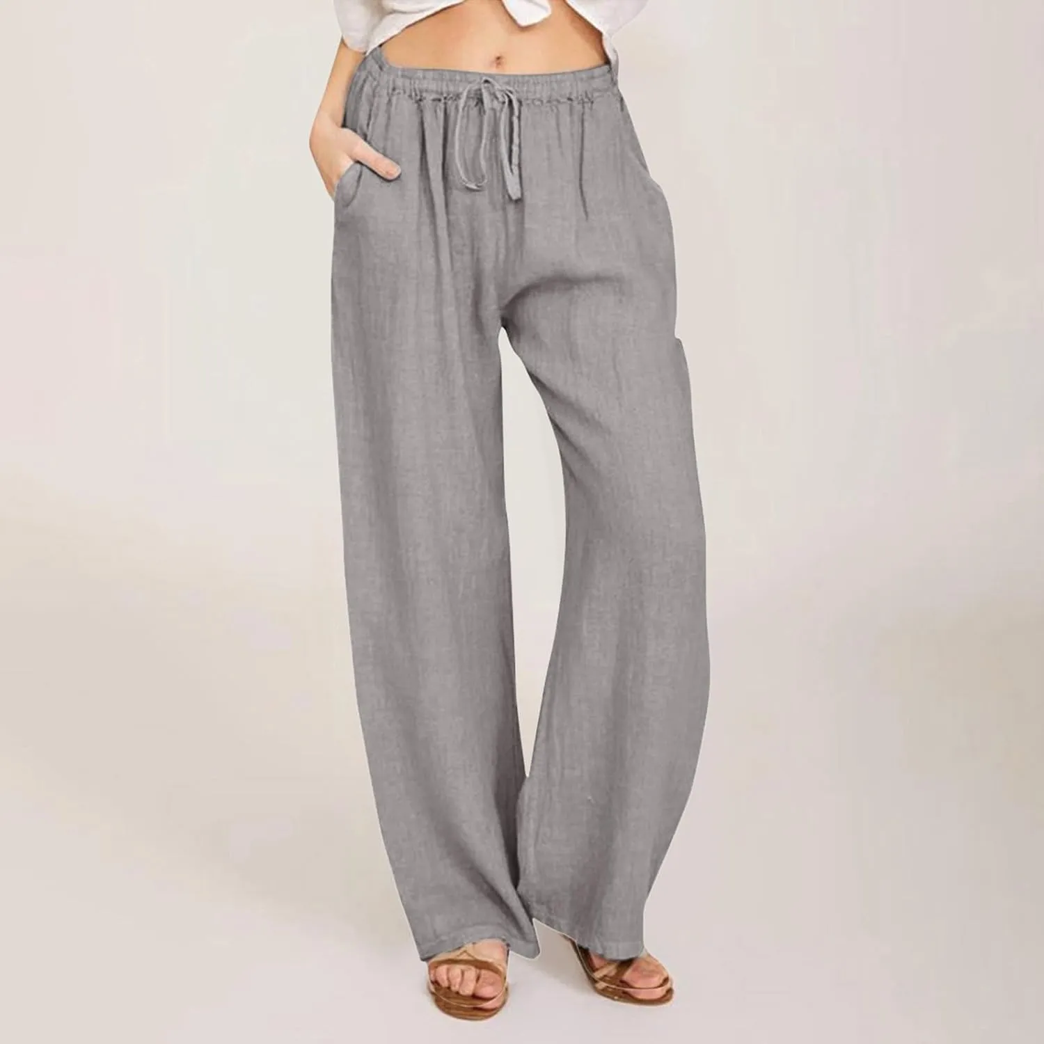 PTOLOCIF Cotton Linen Pants Women Summer Wide Leg Casual Loose Pant Drawstring High Waist Palazzo Pant Trousers with Pockets