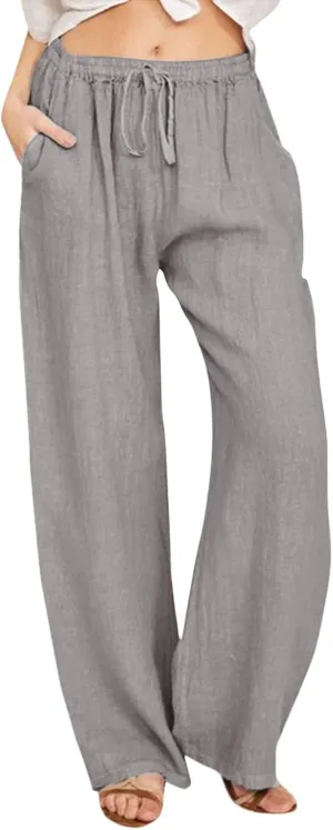 PTOLOCIF Cotton Linen Pants Women Summer Wide Leg Casual Loose Pant Drawstring High Waist Palazzo Pant Trousers with Pockets