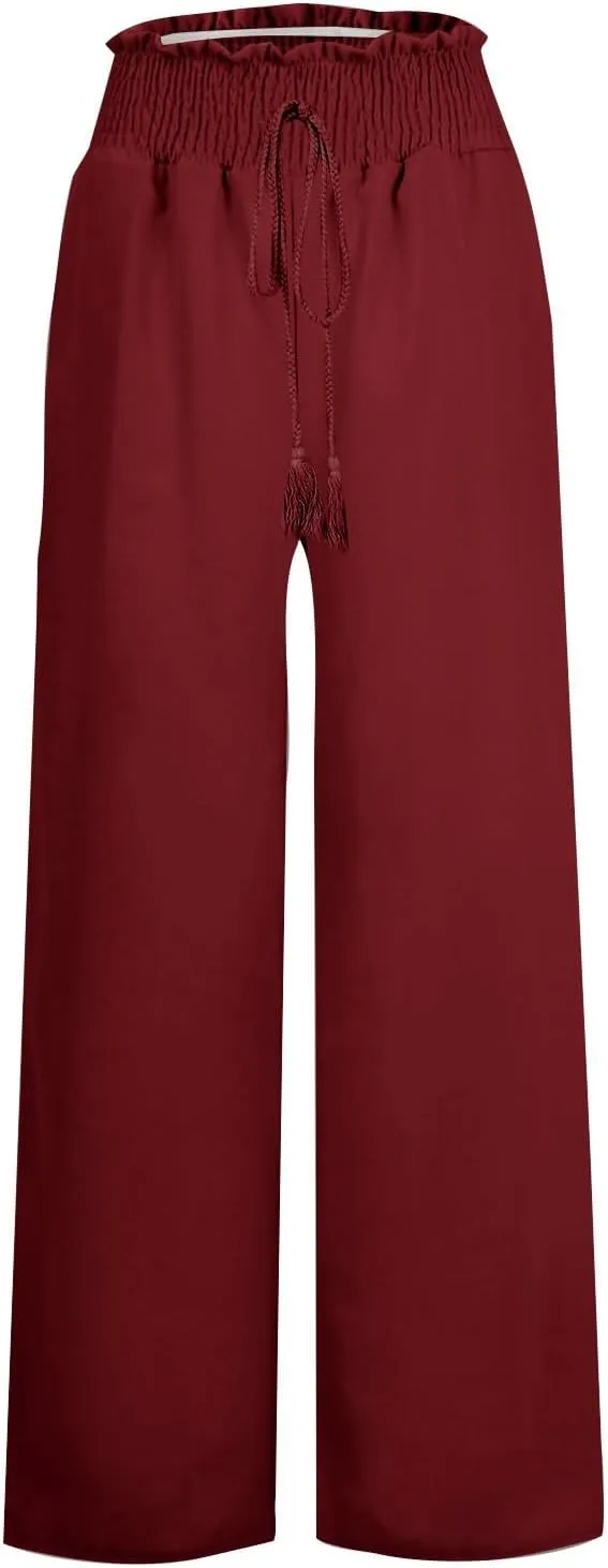 PTOLOCIF Cotton Linen Pants Women Wide Leg Palazzo Pants High Waisted Summer Casual Cotton Linen Boho Pants with Pockets