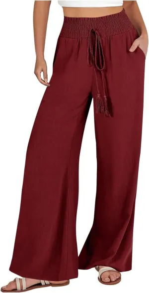 PTOLOCIF Cotton Linen Pants Women Wide Leg Palazzo Pants High Waisted Summer Casual Cotton Linen Boho Pants with Pockets