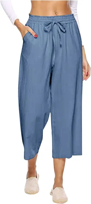 PTOLOCIF Cotton Pants for Women Casual Elastic Waist Wide Leg Pants with Pockets High Waisted Drawstring Beach Pant Trousers