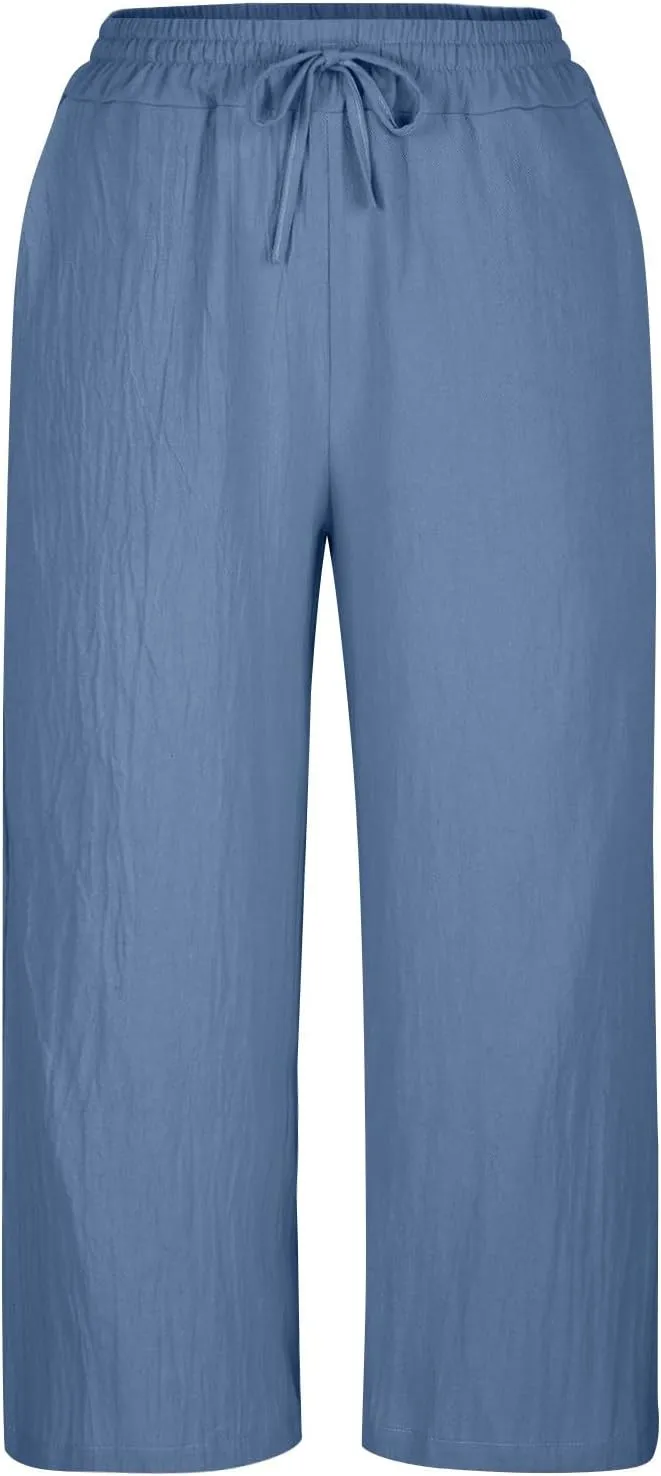 PTOLOCIF Cotton Pants for Women Casual Elastic Waist Wide Leg Pants with Pockets High Waisted Drawstring Beach Pant Trousers