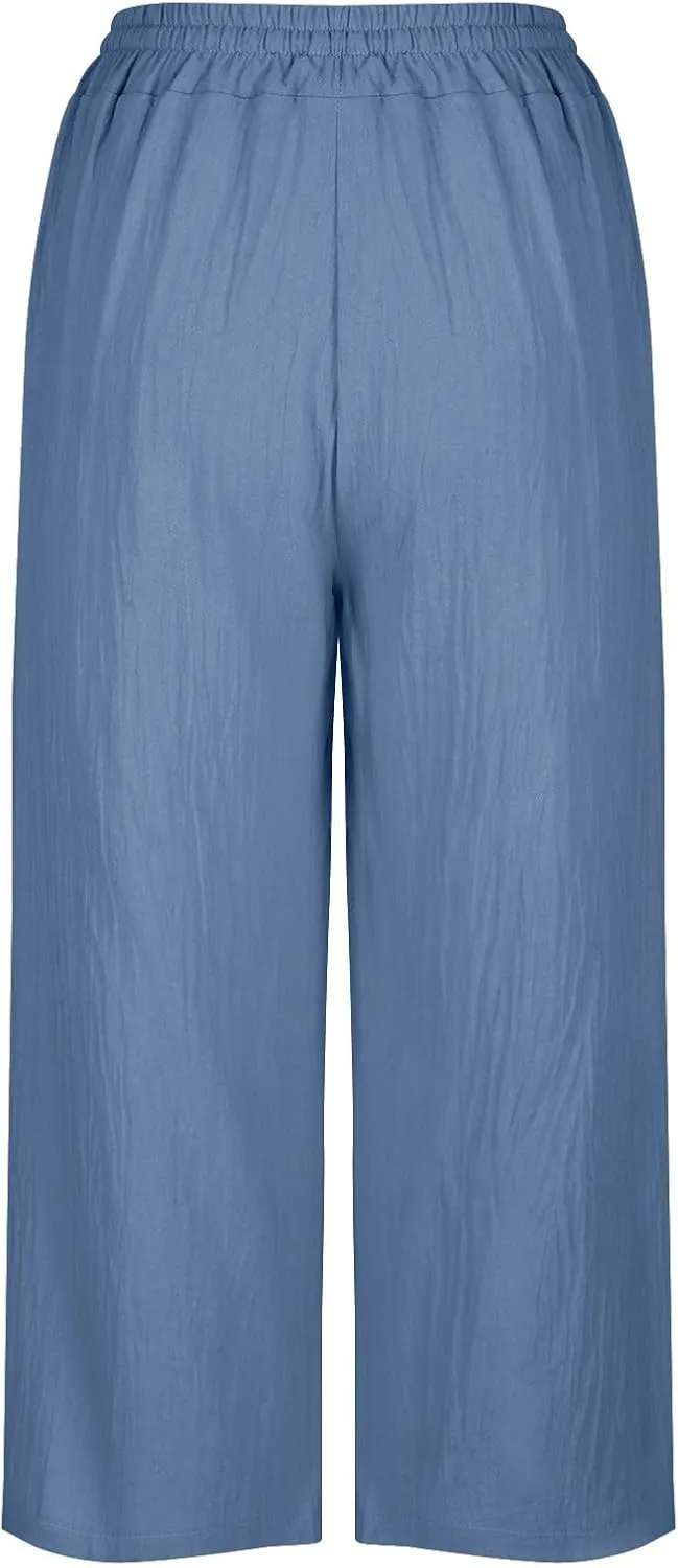 PTOLOCIF Cotton Pants for Women Casual Elastic Waist Wide Leg Pants with Pockets High Waisted Drawstring Beach Pant Trousers