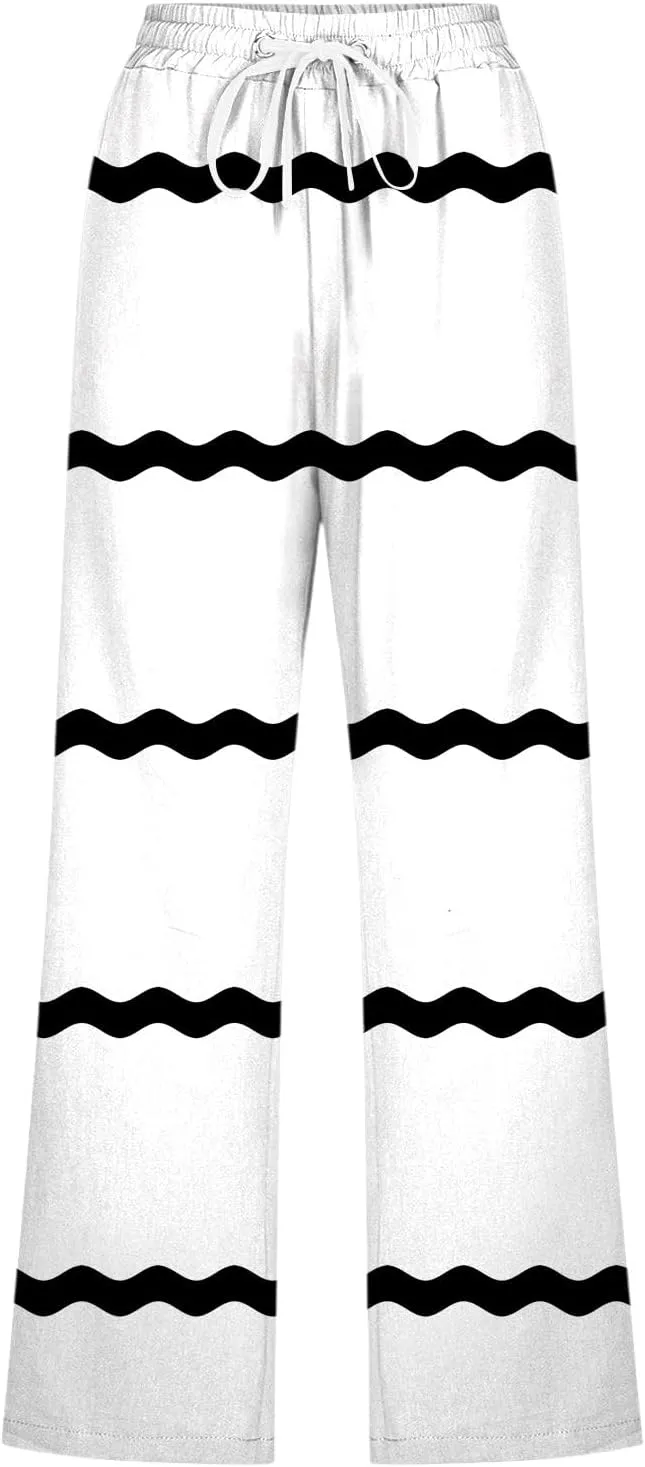 PTOLOCIF Linen Pants for Women Straight Leg Pant Elastic Drawstring Casual Trousers with Pockets Summer Beach Lounge Pants