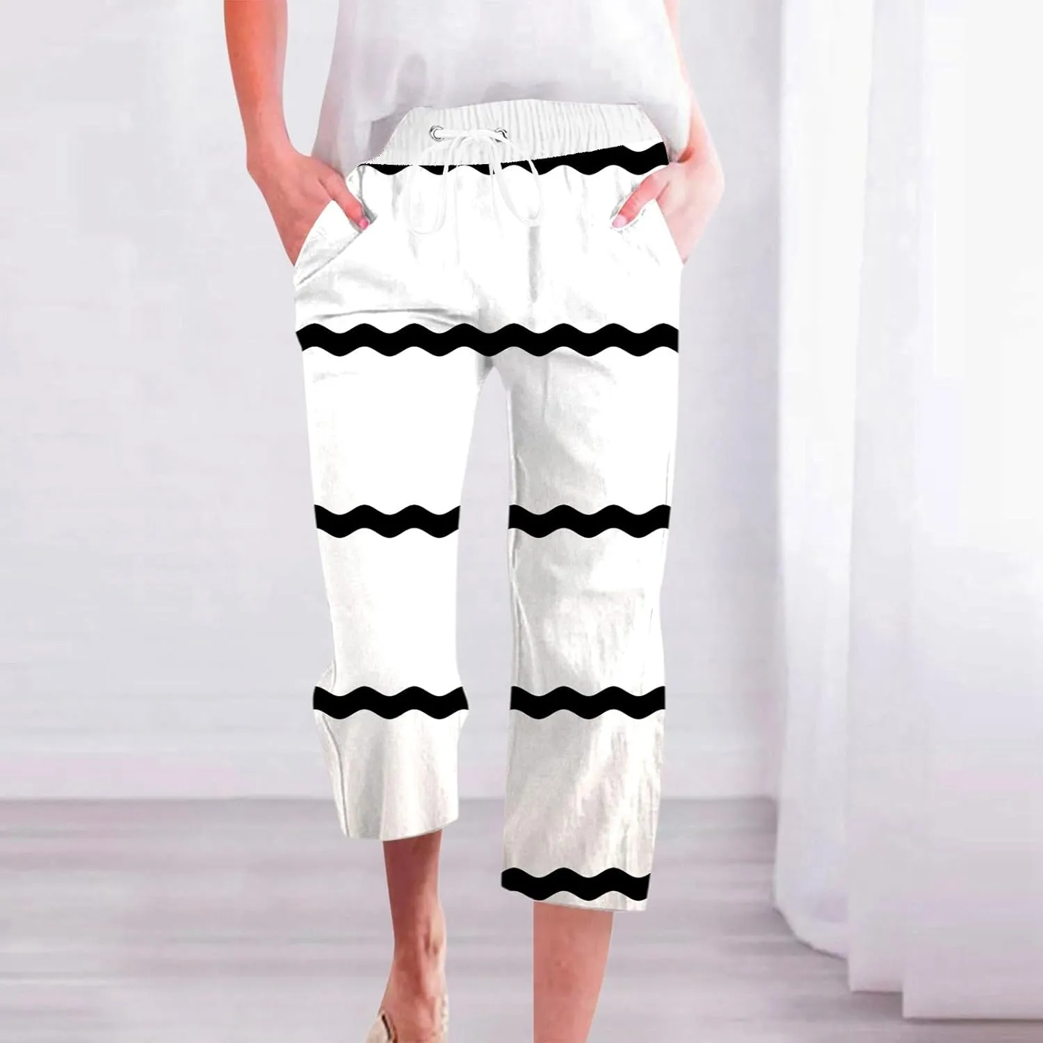 PTOLOCIF Linen Pants for Women Straight Leg Pant Elastic Drawstring Casual Trousers with Pockets Summer Beach Lounge Pants
