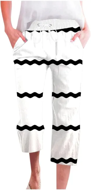 PTOLOCIF Linen Pants for Women Straight Leg Pant Elastic Drawstring Casual Trousers with Pockets Summer Beach Lounge Pants