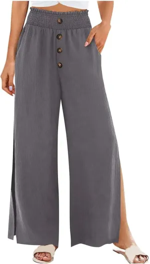 PTOLOCIF Petite Linen Pants for Women High Waisted Long Palazzo Pants Wide Leg Cotton Linen Lounge Pant Trousers with Pockets