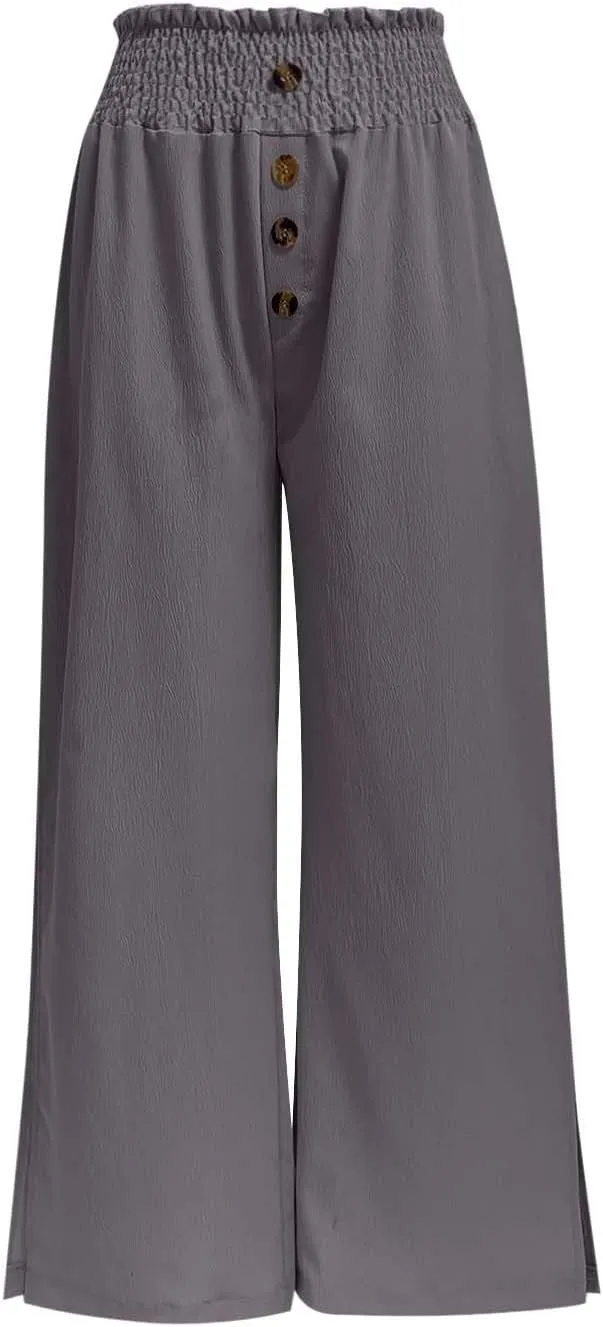 PTOLOCIF Petite Linen Pants for Women High Waisted Long Palazzo Pants Wide Leg Cotton Linen Lounge Pant Trousers with Pockets