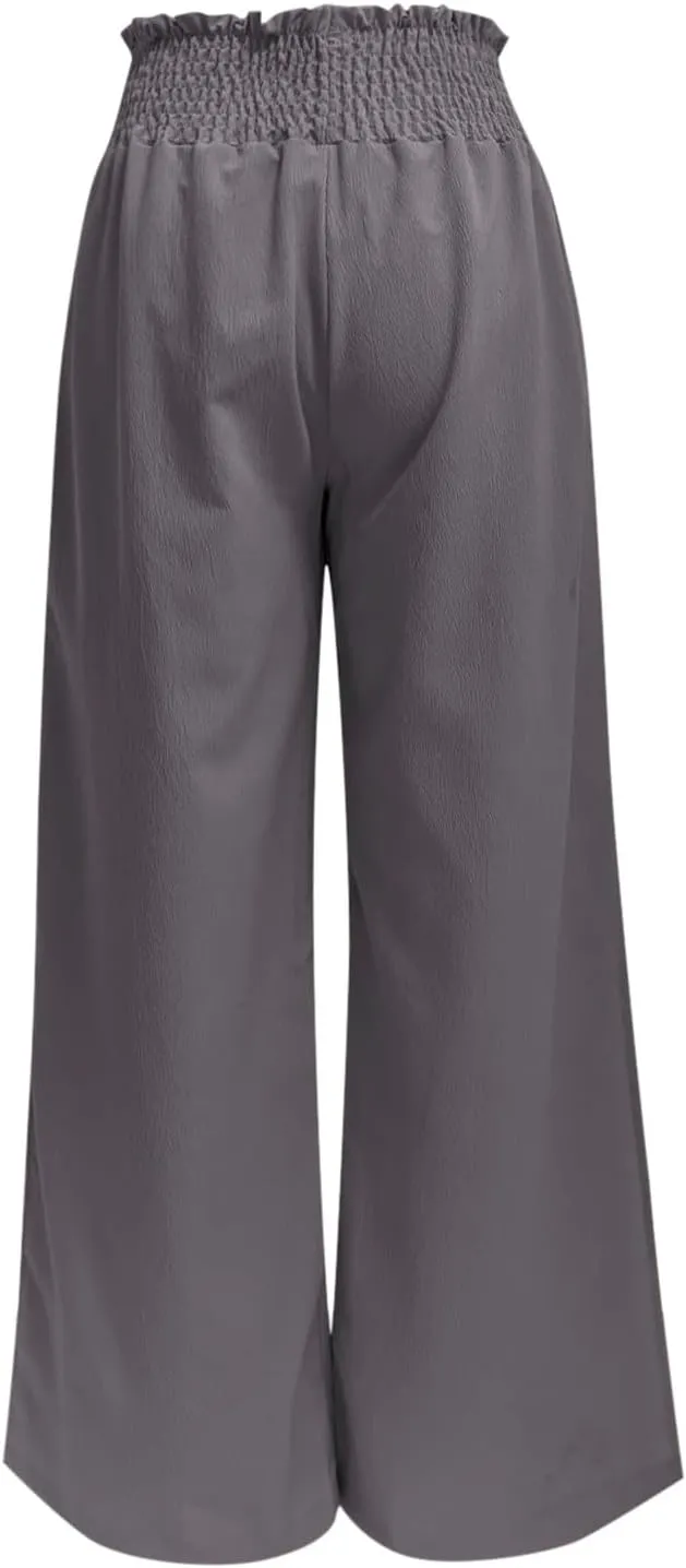 PTOLOCIF Petite Linen Pants for Women High Waisted Long Palazzo Pants Wide Leg Cotton Linen Lounge Pant Trousers with Pockets