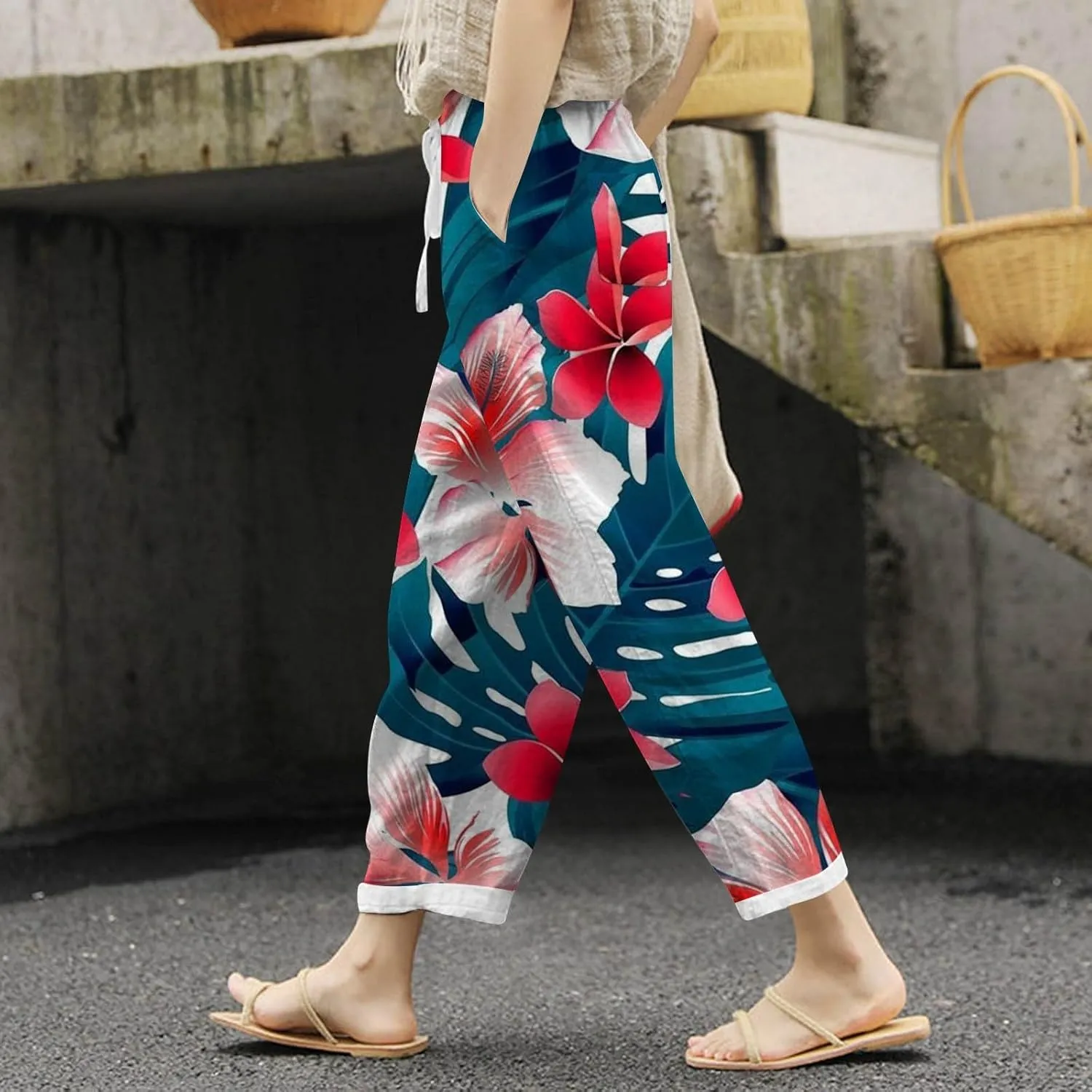 PTOLOCIF Petite Linen Pants for Women High Waisted Wide Leg Palazzo Pant Drawstring Casual Loose Pants Trousers with Pockets
