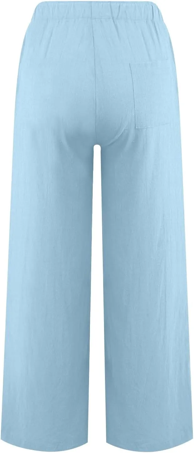 PTOLOCIF Petite Linen Pants for Women Wide Straight Leg Pants Baggy Elastic Waist Pant Summer Loose Fit Trousers with Pockets
