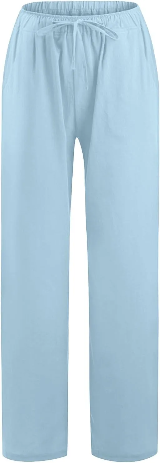 PTOLOCIF Petite Linen Pants for Women Wide Straight Leg Pants Baggy Elastic Waist Pant Summer Loose Fit Trousers with Pockets