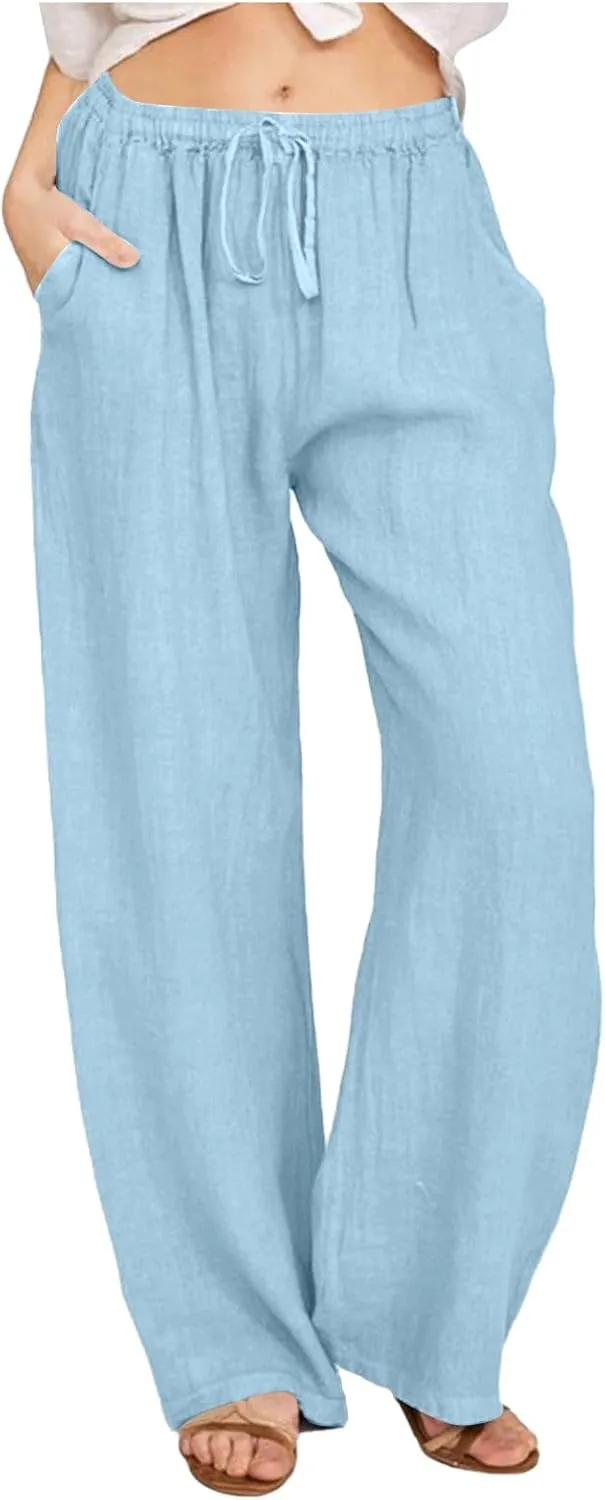 PTOLOCIF Petite Linen Pants for Women Wide Straight Leg Pants Baggy Elastic Waist Pant Summer Loose Fit Trousers with Pockets