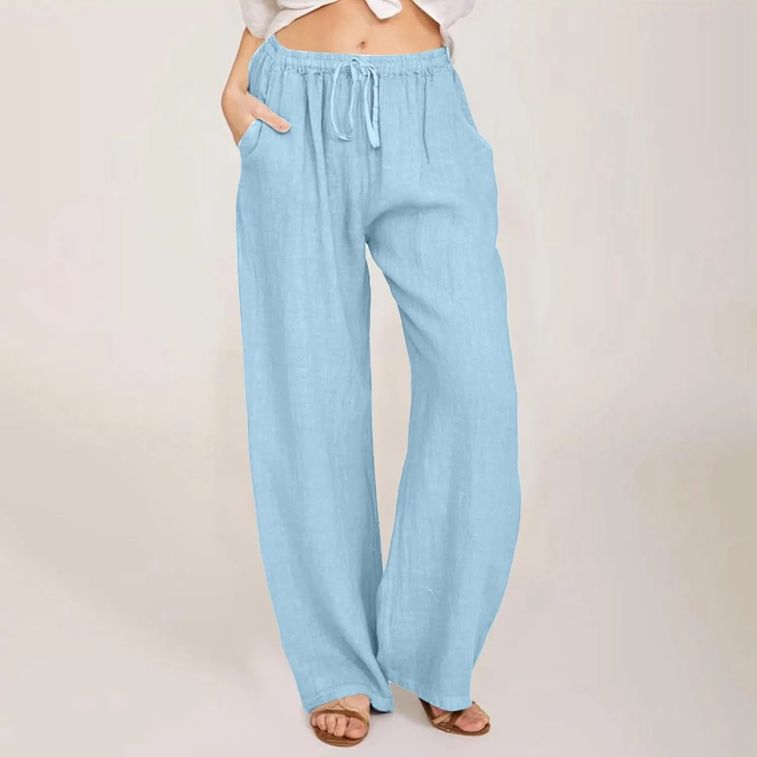 PTOLOCIF Petite Linen Pants for Women Wide Straight Leg Pants Baggy Elastic Waist Pant Summer Loose Fit Trousers with Pockets