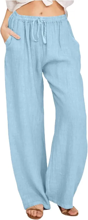 PTOLOCIF Petite Linen Pants for Women Wide Straight Leg Pants Baggy Elastic Waist Pant Summer Loose Fit Trousers with Pockets