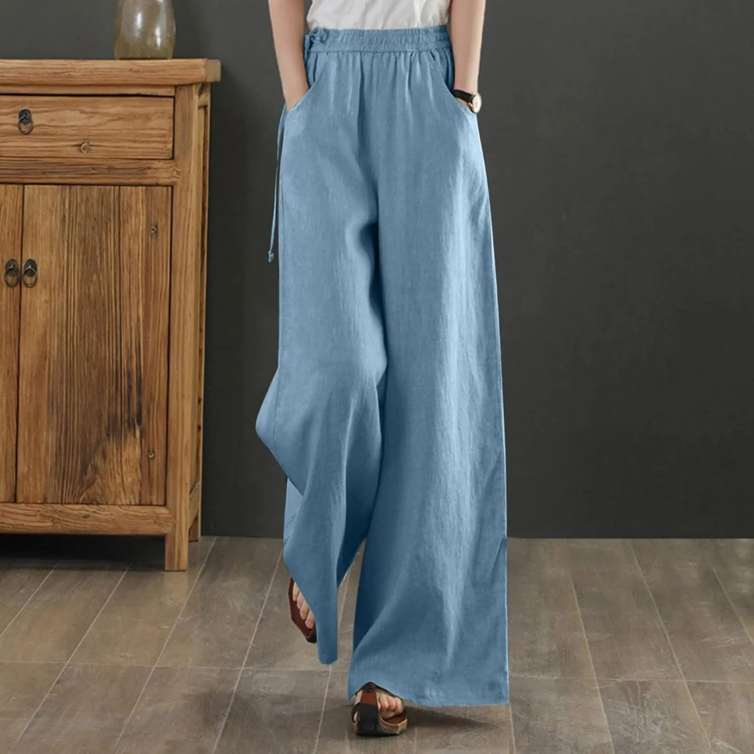 PTOLOCIF Womens Casual Cotton Linen Pants Drawstring Back Elastic Waist Pants High Waist Casual Lounge Trousers with Pockets