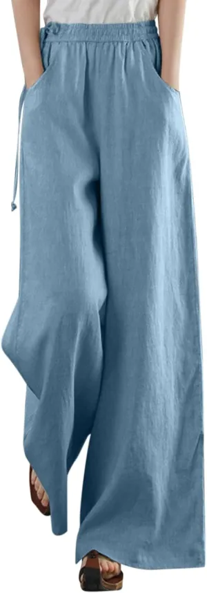 PTOLOCIF Womens Casual Cotton Linen Pants Drawstring Back Elastic Waist Pants High Waist Casual Lounge Trousers with Pockets