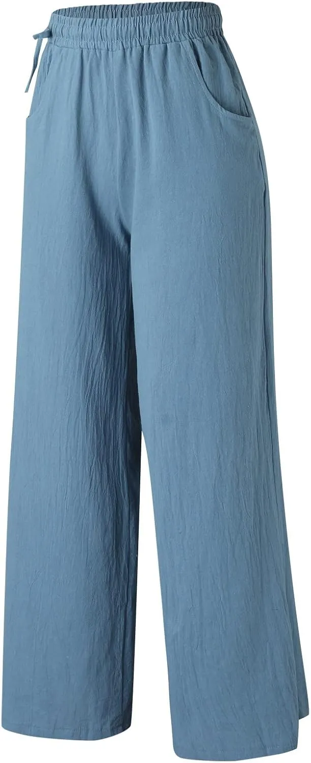 PTOLOCIF Womens Casual Cotton Linen Pants Drawstring Back Elastic Waist Pants High Waist Casual Lounge Trousers with Pockets