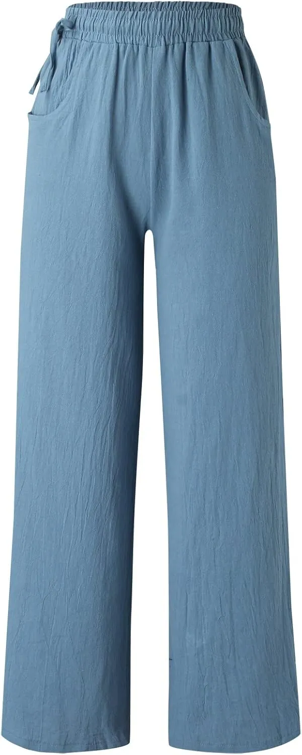 PTOLOCIF Womens Casual Cotton Linen Pants Drawstring Back Elastic Waist Pants High Waist Casual Lounge Trousers with Pockets