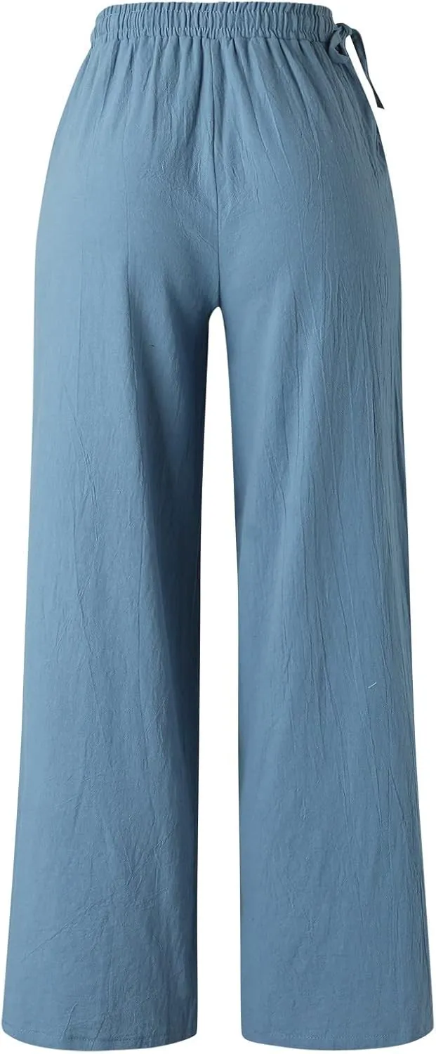 PTOLOCIF Womens Casual Cotton Linen Pants Drawstring Back Elastic Waist Pants High Waist Casual Lounge Trousers with Pockets