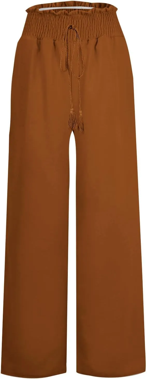 PTOLOCIF Women's Casual Cotton Linen Pants Drawstring Elastic Waist Palazzo Pants Casual Flowy Wide Leg Trousers with Pockets