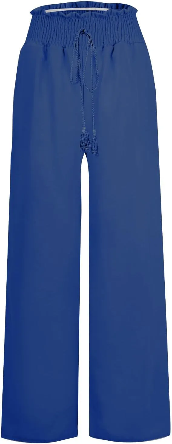 PTOLOCIF Women's Casual Cotton Linen Pants Drawstring Elastic Waist Palazzo Pants Casual Flowy Wide Leg Trousers with Pockets
