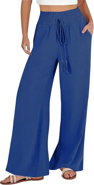 PTOLOCIF Women's Casual Cotton Linen Pants Drawstring Elastic Waist Palazzo Pants Casual Flowy Wide Leg Trousers with Pockets