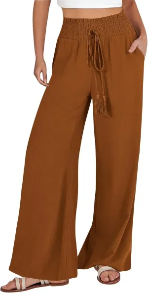 PTOLOCIF Women's Casual Cotton Linen Pants Drawstring Elastic Waist Palazzo Pants Casual Flowy Wide Leg Trousers with Pockets