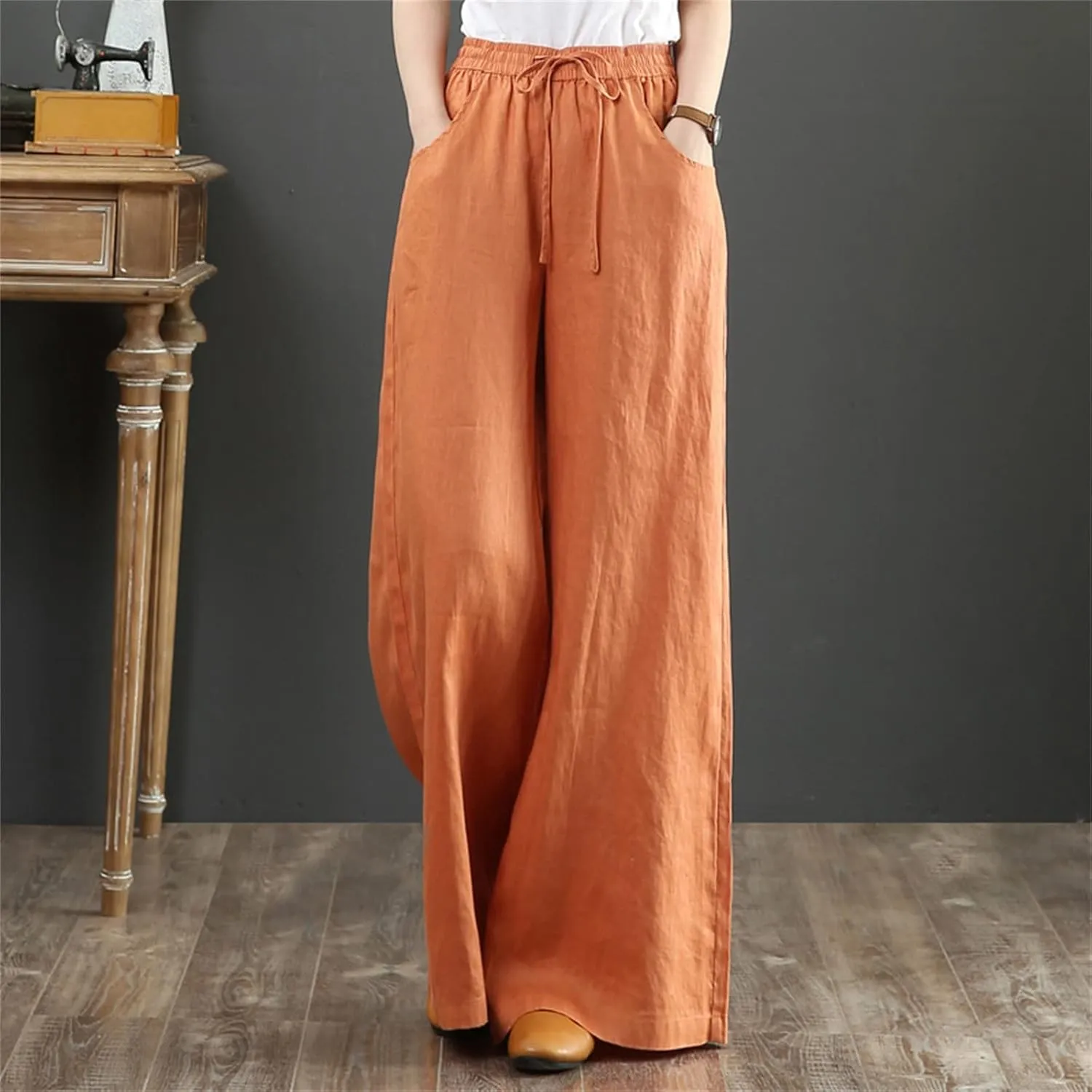 PTOLOCIF Womens Casual Cotton Linen Pants Elastic Waist Wide Leg Palazzo Pants Summer Drawstring Casual Loose Yoga Trousers