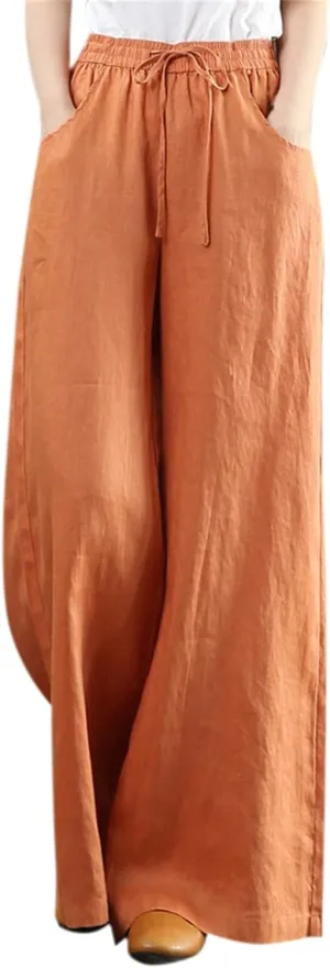 PTOLOCIF Womens Casual Cotton Linen Pants Elastic Waist Wide Leg Palazzo Pants Summer Drawstring Casual Loose Yoga Trousers