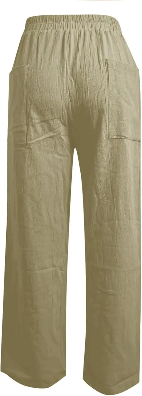 PTOLOCIF Womens Casual Cotton Linen Pants High Waist Drawstring Pants with Cotton Loose Casual Boho Trouser with Pockets