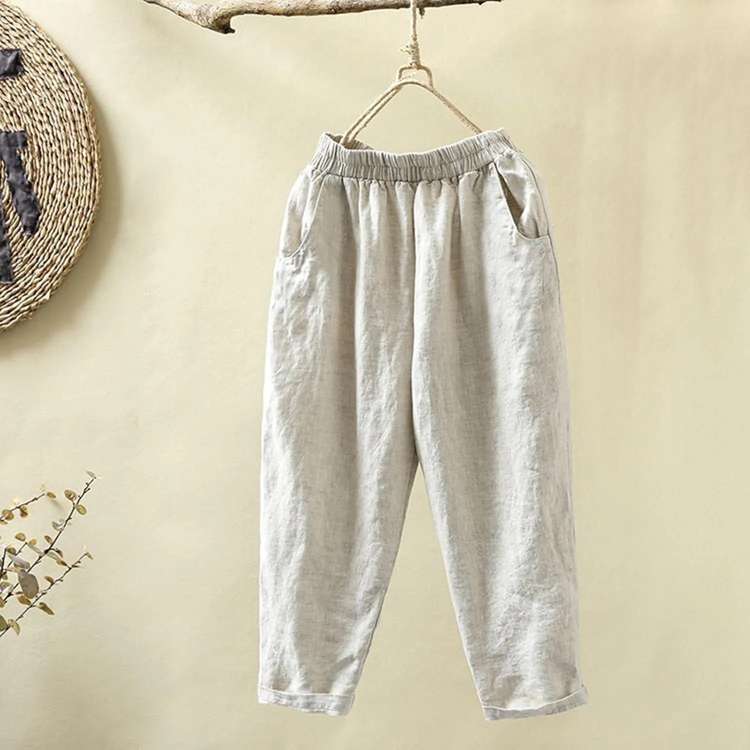 PTOLOCIF Womens Casual Linen Pants Casual High Waist Loose Fit Drawstring Trousers with Pockets Summer Fashion Linen Pants