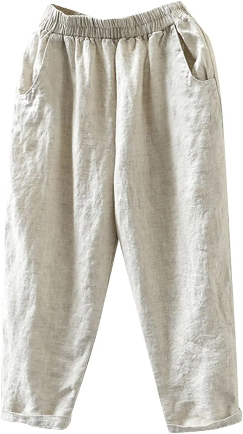 PTOLOCIF Womens Casual Linen Pants Casual High Waist Loose Fit Drawstring Trousers with Pockets Summer Fashion Linen Pants