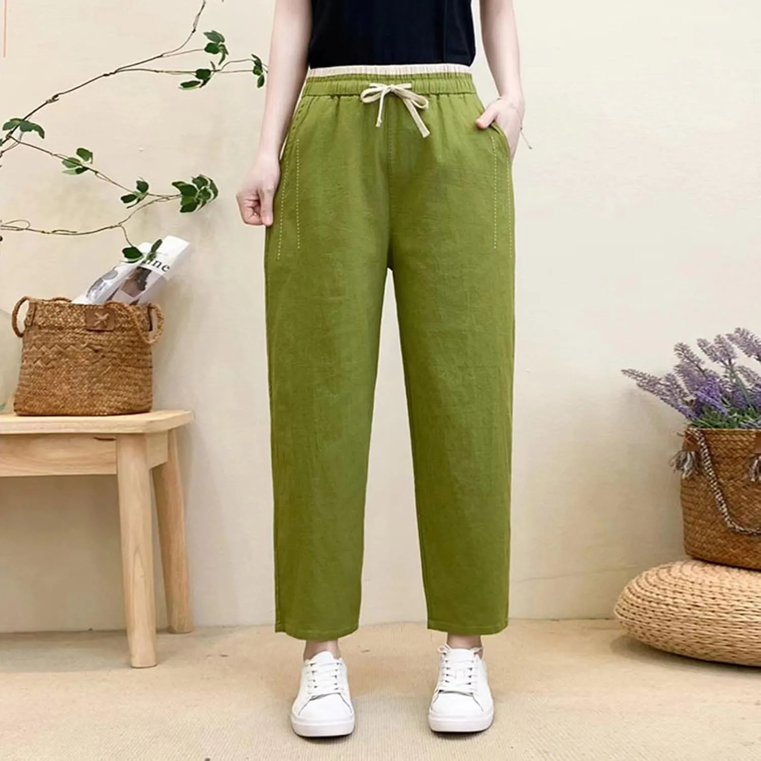 PTOLOCIF Womens Casual Linen Pants Wide Straight Leg Pants Baggy Elastic Waist Pant Summer Loose Fit Trousers with Pockets