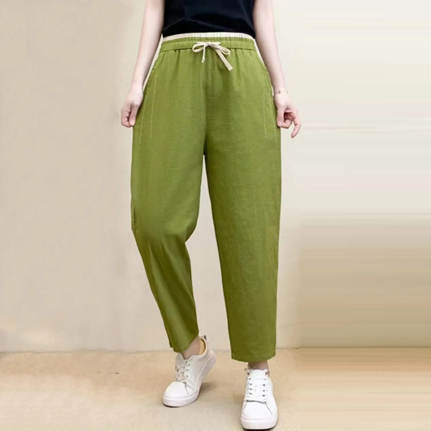 PTOLOCIF Womens Casual Linen Pants Wide Straight Leg Pants Baggy Elastic Waist Pant Summer Loose Fit Trousers with Pockets
