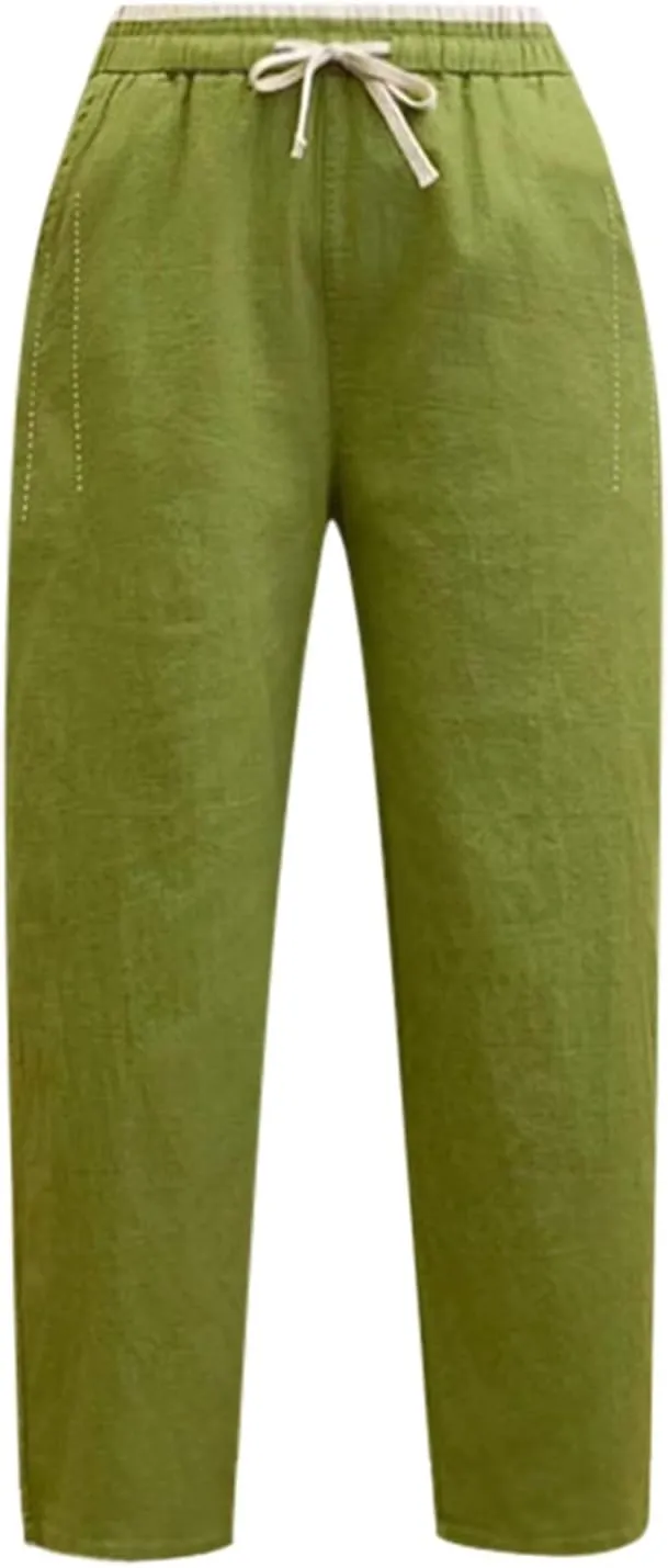PTOLOCIF Womens Casual Linen Pants Wide Straight Leg Pants Baggy Elastic Waist Pant Summer Loose Fit Trousers with Pockets