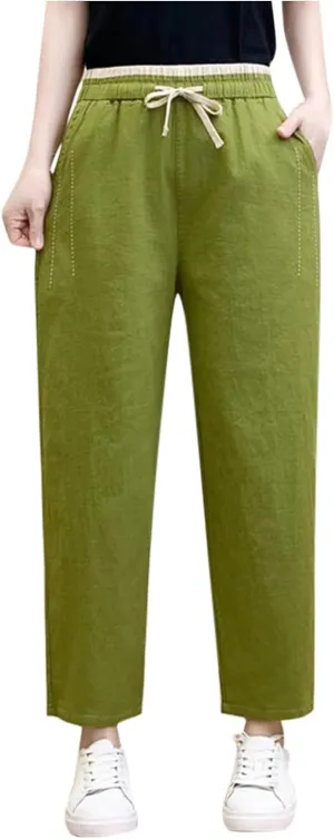 PTOLOCIF Womens Casual Linen Pants Wide Straight Leg Pants Baggy Elastic Waist Pant Summer Loose Fit Trousers with Pockets