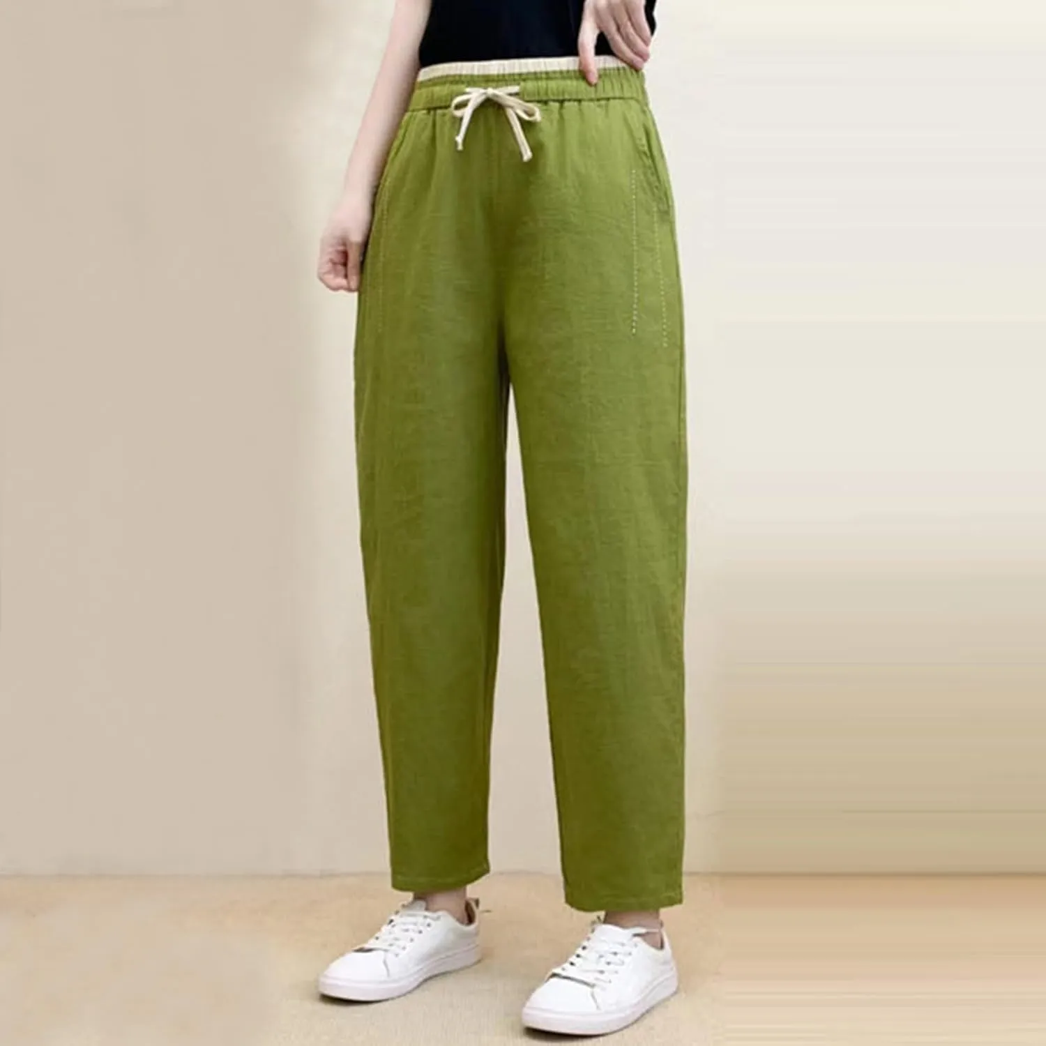 PTOLOCIF Womens Casual Linen Pants Wide Straight Leg Pants Baggy Elastic Waist Pant Summer Loose Fit Trousers with Pockets