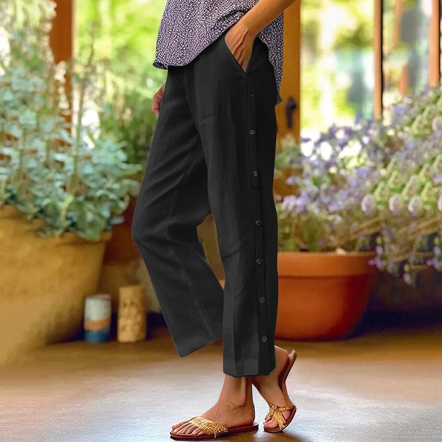 PTOLOCIF Womens Cotton Linen Pants Summer Wide Leg Casual Loose Pant Drawstring High Waist Palazzo Pant Trousers with Pockets