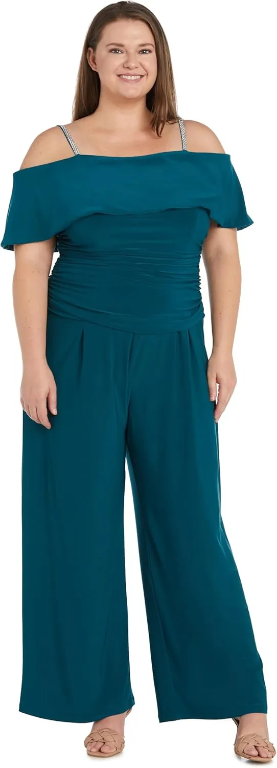 R&M Richards Womens Plus Knit Off-The-Shoulder Jumpsuit
