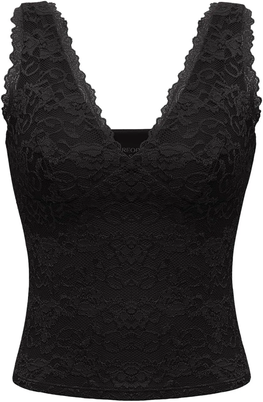 REORIA Womens Sexy V Neck Sleeveless Y2K Trendy Lace Cropped Tank Tops Double Lined Going Out Top