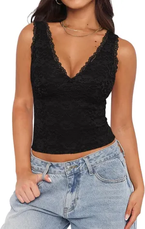 REORIA Womens Sexy V Neck Sleeveless Y2K Trendy Lace Cropped Tank Tops Double Lined Going Out Top