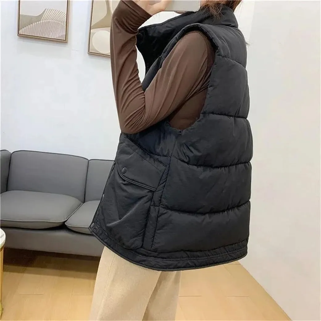 Rfmfkkg Women Sleeveless Single-Breasted Vest Thick Warm Cotton-Padded Coat Streetwear Waistcoat